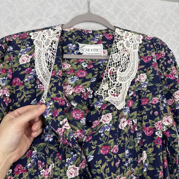 Vtg Floral Midi Dress M Petite Lace Collar Belt Modest Twee Grandma Cottage 80s - Picture 3 of 15